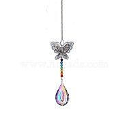 Glass Teardrop Sun Catcher Hanging Prism Ornaments with Iron Butterfly, for Home, Garden, Ceiling Chandelier Decoration, Teardrop Pattern, 340~360mm(HJEW-PW0002-14D)