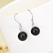 Brass Dangle Earrings, with Round Glass Imitation Agate, Black, Platinum, 28.9mm, Pin: 0.7mm(EJEW-BB63129-B)