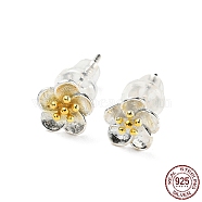 Two Tone 999 Sterling Silver Stud Earrings, Flower, Golden & Silver, 6.5mm(STER-P052-A04-S)