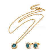 Dark Cyan Cuibc Zirconia Oval Stud Earring & Pendant Nacklace with Crystal Rhinestone, Vacuum Plating 304 Stainless Steel Jewelry Set for Women, Golden, Necklace: 453mm, Earring: 12x10mm, Pin: 0.8mm(SJEW-P002-08G)