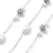 Handmade 304 Stainless Steel Chains, with ABS Imitation Pearl, Soldered, Rice, with Spool, Stainless Steel Color, 7x4.5x3.5mm, about 16.40 Feet(5m)/Roll(CHS-K020-12P)