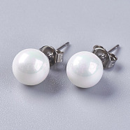 Electroplate Shell Pearl Ball Stud Earrings, with 304 Stainless Steel Findings, White, 20x8mm, Pin: about 0.6mm(EJEW-I209-04-8mm)