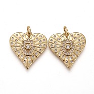 Brass Micro Pave Clear Cubic Zirconia Pendants, Long-Lasting Plated, With Jump Ring, Heart with Hamsa Hand, Real 18K Gold Plated, 20x19x3mm, Hole: 3mm, Jump Ring: 5x1mm(X-ZIRC-Z009-02G)