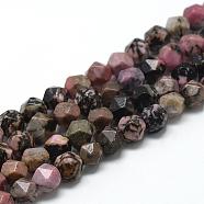 Natural Rhodonite Beads Strands, Star Cut Round Beads, Faceted, 8~10x7~8mm, Hole: 1mm, about 48pcs/strand, 15.3 inch(G-R448-8mm-03)
