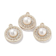 ABS Imitation Pearl Bead Pendants, with Alloy and Crystal Rhinestone, Cadmium Free & Lead Free, Flat Round Charm, Golden, 21.5x18.5x8.5mm, Hole: 2mm(FIND-C042-01G)