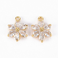 Brass Clear Cubic Zirconia Pendants, Flower, Real 18K Gold Plated, 15x11x5mm, Hole: 1.4mm(X-ZIRC-S068-025-NF)