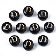 Handmade Lampwork Beads, with Golden Plated Brass Etched Metal Embellishments, Flat Round with Alphabet, Letter.D, 8x5mm, Hole: 0.8mm(LAMP-S196-001D)
