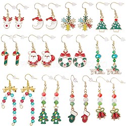 12 Pairs 12 Style Christmas Theme Alloy Dangle Earrings, Moon & Stag & Tree & Wreath with Bowknot & Candy Cane & Santa Claus & Snowflake Glove & Christmas Bell, Mixed Color, 35~69mm, Pin: 0.5~0.8mm, 1pair/style(EJEW-SC0001-33)