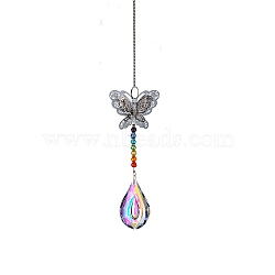 Glass Teardrop Sun Catcher Hanging Prism Ornaments with Iron Butterfly, for Home, Garden, Ceiling Chandelier Decoration, Teardrop Pattern, 340~360mm(HJEW-PW0002-14D)