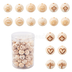 Fashewelry 90Pcs 9 Patterns Natural Theaceae Wood Beads, Laser Engraved, Round with Pattern, BurlyWood, 19.5~20mm, Hole: 5mm, 10pcs/pattern(WOOD-FW0001-05)