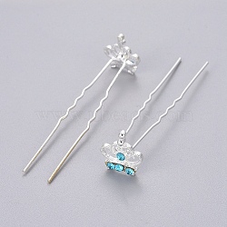 (Defective Closeout Sale) Lady's Hair Accessories Silver Color Plated Iron Rhinestone Hair Forks, Crown, Aquamarine, 68mm(PHAR-XCP0004-03S-02)