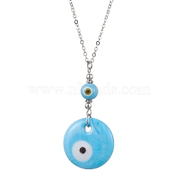 Light Sky Blue Glass Evil Eye Pendant Necklace with Alloy Cable Chains, Platinum, 15.47 inch(39.3cm)(NJEW-JN04650-01)