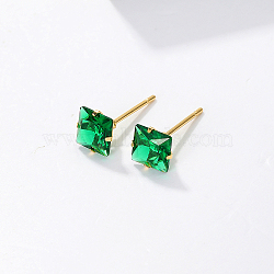 Fashionable Square Cubic Zirconia Stud Earrings, with Stainless Steel Findings, Simple and Cute Earring for Women, Green(LJ8719)