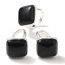 Synthetic Blue Goldstone Adjustable Rings, with Brass Base Findings, Lead Free & Cadmium Free, Rhombus, Rhombus: 24x25mm, US Size 9 3/4(19.5mm)(RJEW-H240-01S-09)