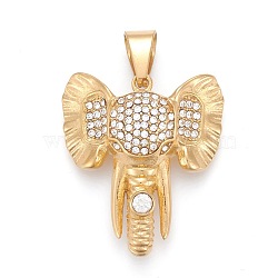 304 Stainless Steel Pendants, with Crystal Rhinestone, Elephant Head, Golden, 39x34.5x13mm, Hole: 6.5x12mm(STAS-I163-046G)