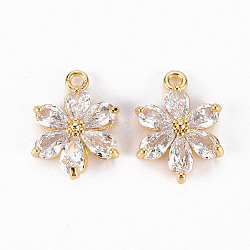 Brass Clear Cubic Zirconia Pendants, Flower, Real 18K Gold Plated, 15x11x5mm, Hole: 1.4mm(X-ZIRC-S068-025-NF)