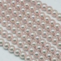 Eco-Friendly Dyed Glass Pearl Round Bead Strands, Cotton Cord Threaded, Pink, 4~4.5mm, Hole: 0.7~1.1mm, about 104pcs/strand, 15 inch(X-HY-A002-4mm-RB007)