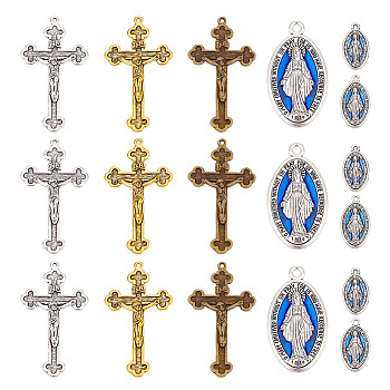 36Pcs 6 Style Zine Alloy Pendants and Enamel Pendants, Oval with Goddess & Crucifix Cross, Religion, Mixed Color, 19~47x10.5~26x2~3mm, 6pcs/style