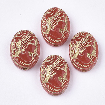 Plating Acrylic Beads, Metal Enlaced, Oval with Woman, Red, 17.5~18x13x6mm, Hole: 1.8mm, about 580pcs/500g