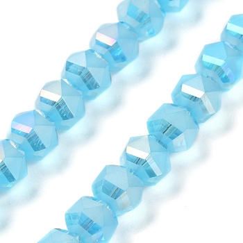 Electroplate Transparent Glass Beads Strands, Frosted, Faceted, Lantern, Light Sky Blue, 7x7.8x7.5mm, Hole: 1.5mm, about 72pcs/strand, 20.79''(52.8cm)