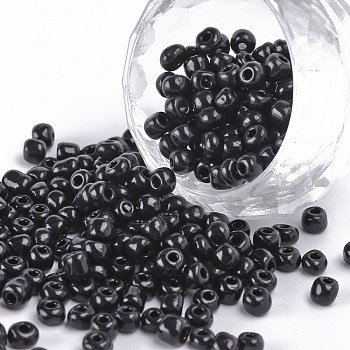 (Repacking Service Available) Glass Seed Beads, Opaque Colours Seed, Small Craft Beads for DIY Jewelry Making, Round, Black, 6/0, 4mm, about 12g/bag