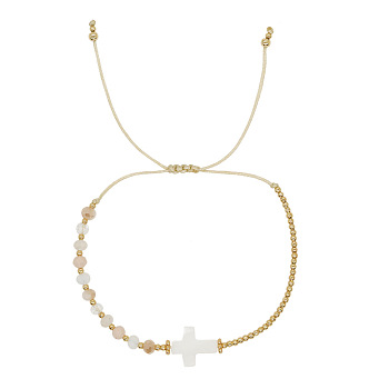 Bohemian Style Seashell Cross Adjustable Bracelets, Glass & Brass Braided Bead Bracelets for Women