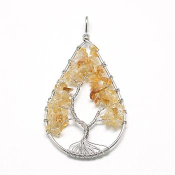 Natural Chip Citrine Big Pendants, with Brass Wires, Teardrop & Tree, Platinum, 78~81x40~43x5~10mm, Hole: 4.5mm
