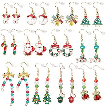 12 Pairs 12 Style Christmas Theme Alloy Dangle Earrings, Moon & Stag & Tree & Wreath with Bowknot & Candy Cane & Santa Claus & Snowflake Glove & Christmas Bell, Mixed Color, 35~69mm, Pin: 0.5~0.8mm, 1pair/style