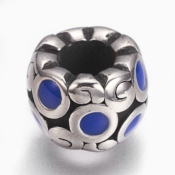 304 Stainless Steel European Beads, with Enamel, Large Hole Beads, Rondelle, Blue, Antique Silver, 11x8mm, Hole: 5mm