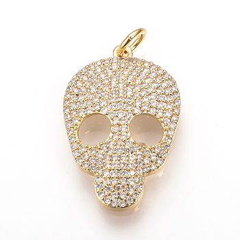 Brass Micro Pave Cubic Zirconia Pendants, with Jump Rings, Skull, Golden, 28x18.5x4mm, Hole: 3mm