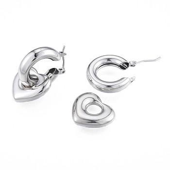 Brass Heart Dangle Hoop Earrings for Women, Nickel Free, Platinum, 30mm, Pin: 0.8mm