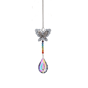Glass Teardrop Sun Catcher Hanging Prism Ornaments with Iron Butterfly, for Home, Garden, Ceiling Chandelier Decoration, Teardrop Pattern, 340~360mm
