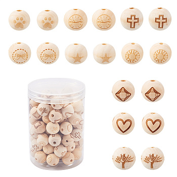 Fashewelry 90Pcs 9 Patterns Natural Theaceae Wood Beads, Laser Engraved, Round with Pattern, BurlyWood, 19.5~20mm, Hole: 5mm, 10pcs/pattern