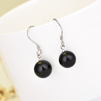 Brass Dangle Earrings, with Round Glass Imitation Agate, Black, Platinum, 28.9mm, Pin: 0.7mm