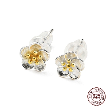 Two Tone 999 Sterling Silver Stud Earrings, Flower, Golden & Silver, 6.5mm