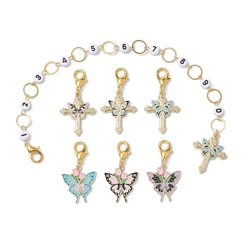 7Pcs Cross & Butterfly Alloy Enamel Knitting Row Counter Chains & Locking Stitch Markers Kits, Mixed Color, 4.2~26cm