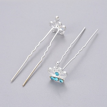 (Defective Closeout Sale) Lady's Hair Accessories Silver Color Plated Iron Rhinestone Hair Forks, Crown, Aquamarine, 68mm