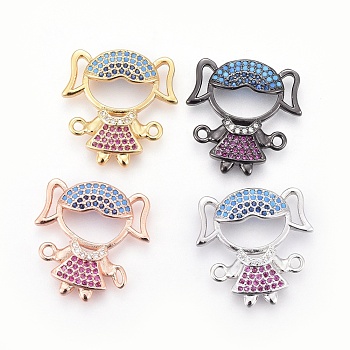 Brass Micro Pave Cubic Zirconia Links, Girl, Colorful, Mixed Color, 21x21x3.5mm, Hole: 1.5mm