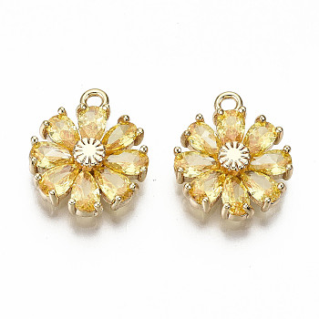 Real 18K Gold Plated Brass Micro Pave Cubic Zirconia Pendants, Nickel Free, Flower, Gold, 15x12.5x3.5mm, Hole: 1.4mm