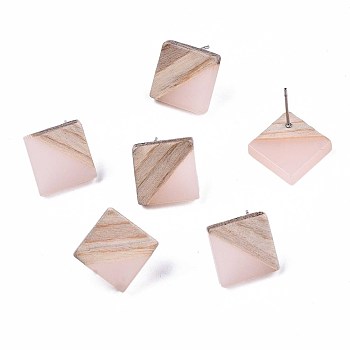 Transparent Resin & Wood Stud Earrings, with 304 Stainless Steel Pin, Rhombus, Light Salmon, 17x18mm, Pin: 0.7mm