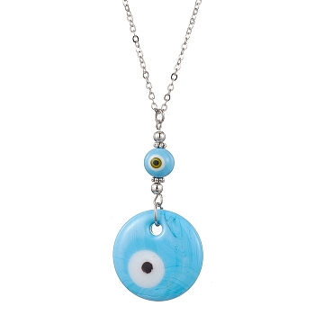 Light Sky Blue Glass Evil Eye Pendant Necklace with Alloy Cable Chains, Platinum, 15.47 inch(39.3cm)