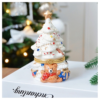 Porcelain Christmas Tree Decorative Hinged Jewelry Trinket Box, for Home Decoration, White, 70x120mm