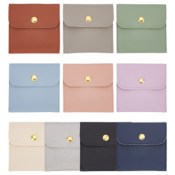 10Pcs 10 Colors PU Imitation Leather Jewelry Storage Bags, with Golden Tone Snap Buttons, Square, Mixed Color, 7.9x8x0.75cm, 1pc/color