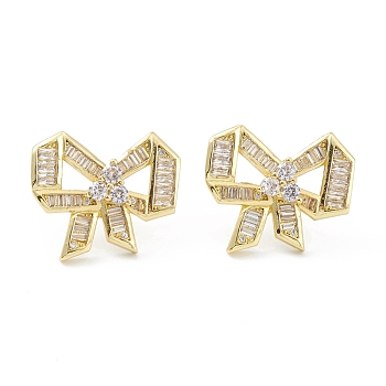 Bowknot Rack Plating Brass Cubic Zirconia Stud Earrings for Women, Long-Lasting Plated, Lead Free & Cadmium Free, Real 18K Gold Plated & Gunmetal, 18.5x21.5x4mm, Pin: 0.7mm