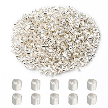 Brass Crimp Beads, Tube, Silver, 2x2x0.15mm, Hole: 1.5mm, about 1000pcs/bag