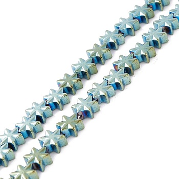 Electroplate Synthetic Non-magnetic Hematite Beads, Star, Green Plated, 7.5x7x3.5mm, Hole: 1mm, about 44~61pcs/strand, 11.02 inch(28cm)~15.55 inch(39.5cm)