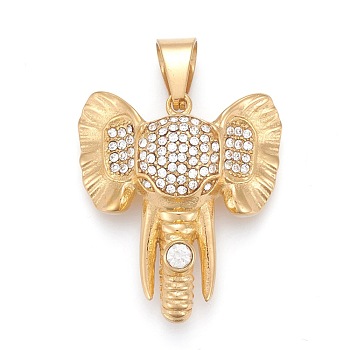 304 Stainless Steel Pendants, with Crystal Rhinestone, Elephant Head, Golden, 39x34.5x13mm, Hole: 6.5x12mm