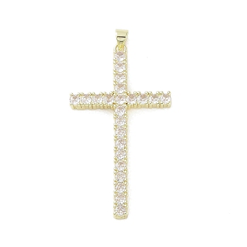 Real 18K Gold Plated Brass with Glass Pendants, Cross, Clear, 51x28x4mm, Hole: 3.1x2.8mm