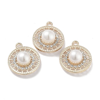ABS Imitation Pearl Bead Pendants, with Alloy and Crystal Rhinestone, Cadmium Free & Lead Free, Flat Round Charm, Golden, 21.5x18.5x8.5mm, Hole: 2mm