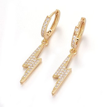 Brass Leverback Earrings, Flash Earrings, with Cubic Zirconia, Lightning Bolt, Clear, Golden, 40mm, Pin: 1mm